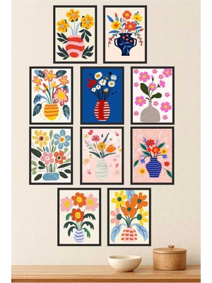 UNT 10’lu Çerçeve Görünümlü Çiçek Vazoları Tablo Seti– 15X20 cm Mdf Uv Baskı
