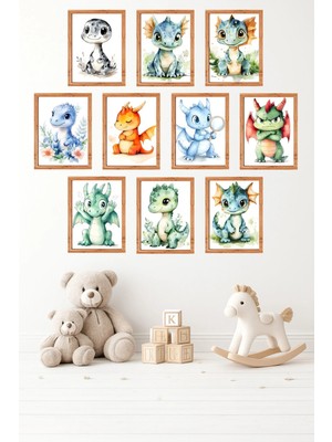 UNT 10'lu Çerçeve Görünümlü Vintage Hayvan | Sevimli Dinazor Posterler Tablo Seti 15X20 cm Mdf Uv Baskı
