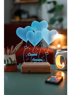 Modiwa Design Anneler Günü, Anneye 4 Kalp 16 Renk Uzaktan Kumandalı 3D Ahşap Gece Lambası Hediyelik