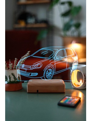 Modiwa Design Volkswagen Golf 6 16 Renk Uzaktan Kumandalı 3D Ahşap Gece Lambası Hediyelik