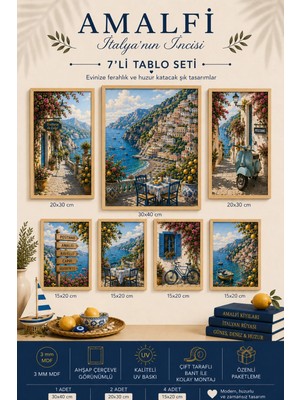 UNT Amalfi Italya'nın Incisi 7'li Çerçeve Görünümlü Mdf Tablo Seti | Lacivert Çerçeve Tasarım | Uv Baskı Duvar Dekoru