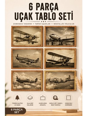 UNT Vintage Uçaklar 6 Parça Mdf Duvar Tablo Seti – Nostaljik Havacılık Koleksiyonu | Çerçeve Görünümlü Uv Baskı