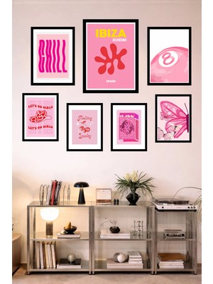 UNT Pembe Çerçeve Görünümlü 7'li Tablo Seti – Coquette, Butterfly, Ibiza Aesthetic Duvar Dekoru