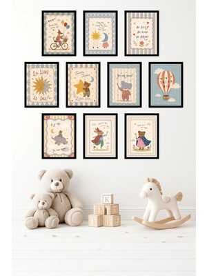 UNT 10'lu Çerçeve Görünümlü Pastel | Bebek Odası | Nursery, Minimalist, Vintage Tablo Seti 15X20 cm Mdf Uv Baskı