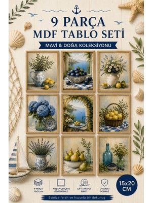 UNT Mavi & Doğa Koleksiyonu 9 Parça Ahşap Çerçeve Görünümlü Mdf Tablo Seti – 15X20 cm
