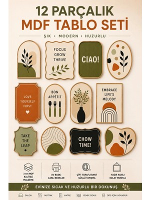 UNT Modern Yeşil Bej 12 Parça Mdf Tablo Seti | Iskandinav Dekoratif Duvar Tablosu | Salon, Mutfak ve Antre Dekoru