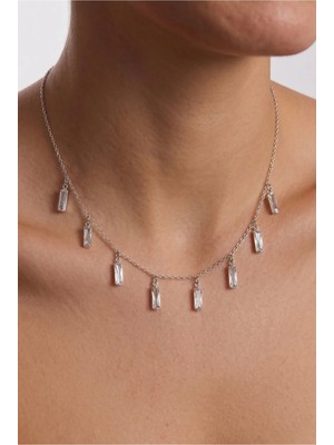 Minon - Sallantılı Baget Taşlı Choker Kolye - 925 Ayar Gümüş - Şık Tasarım