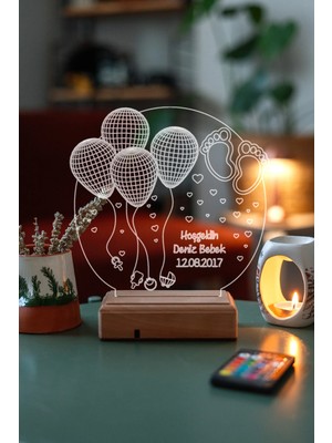 Modiwa Design Yeni Doğan, Hoş Geldin Bebek 16 Renk Uzaktan Kumandalı 3D Ahşap Gece Lambası Hediyelik