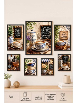 UNT Mavi Çini Kahve Köşesi 7 Parça Mdf Tablo Seti | Coffee Corner Uv Baskılı Duvar Dekoru