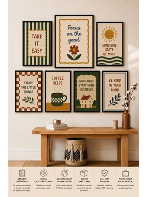 UNT 7'li Çerçeve Görünümlü Motivasyon Temalı | Retro Minimalist | Boho Salon, Ofis, Mutfak ve Çalışma Odası Duvar Dekoru