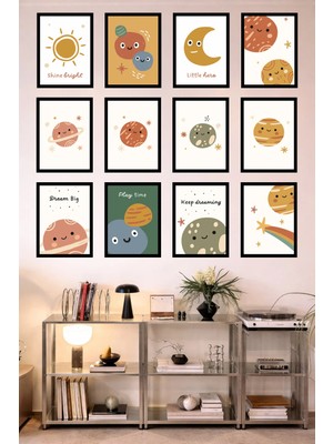 UNT 12'li Çerçeve Görünümlü Çocuk Odası Uzay Temalı – Sevimli Gezegenler ve Ay Güneş Tablo Seti 15X20 cm Mdf Uv Baskı