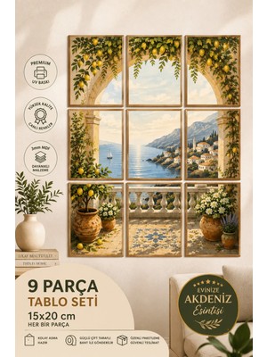 UNT Akdeniz Terası 9 Parça Tablo Seti | Panoramik Duvar Dekoru | 15X20 cm Mdf Uv Baskı