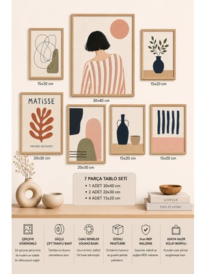 UNT 7'li Çerçeve Görünümlü Matisse Tablo Seti | Bohem Soyut Modern | Iskandinav Minimalist| Boho Salon, Ofis, Mutfak ve Çalışma Odası Duvar Dekoru