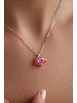 Minon - Mini Pembe Mineli Taşlı Kalp Kolye - 925 Ayar Gümüş