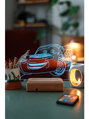 Modiwa Design Şimşek Mcqueen Araba 16 Renk Uzaktan Kumandalı 3D Ahşap Gece Lambası Hediyelik