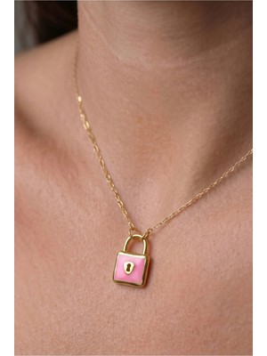 Minon - Pembe Mineli Asma Kilit Kolye - Şık Minimal Tasarım - 925 Ayar Gümüş