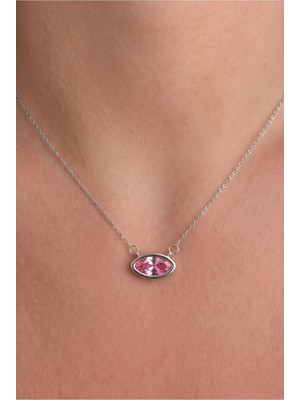 Minon - Markiz Kesim Pembe Taşlı Kolye - 925 Ayar Gümüş