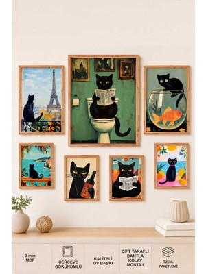 UNT 7’li Kedi Tablo Seti Ahşap Çerçeve Görünümlü Mdf Uv Baskı Dekoratif Duvar Tablosu Modern Salon Ofis