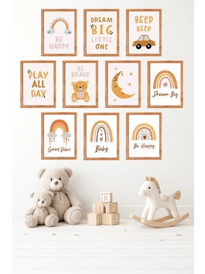 UNT 10'lu Çerçeve Görünümlü Minimal, Pastel, Çocuk Odası, Motivasyon Tablo Seti 15X20 cm Mdf Uv Baskı