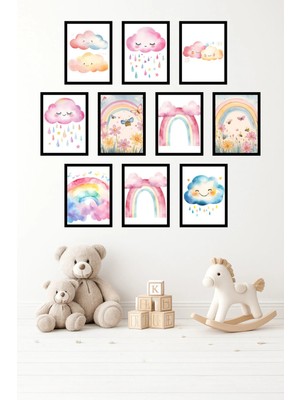 UNT 10'lu Çerçeve Görünümlü Minimal, Pastel, Çocuk Odası, Motivasyon Tablo Seti 15X20 cm Mdf Uv Baskı