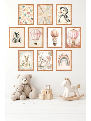 UNT 10'lu Çerçeve Görünümlü Pastel, Tavşan, Balon, Çiçek, Kelebek Tablo Seti 15X20 cm Mdf Uv Baskı