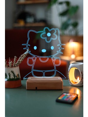 Modiwa Design Hello Kitty 16 Renk Uzaktan Kumandalı 3D Ahşap Gece Lambası Hediyelik