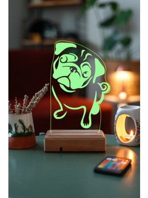Modiwa Design Pug Köpek 16 Renk Uzaktan Kumandalı 3D Ahşap Gece Lambası Hediyelik