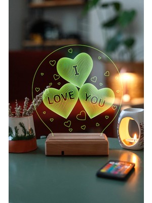 Modiwa Design Sevgiliye 3 Kalp I Love You 16 Renk Uzaktan Kumandalı 3D Ahşap Gece Lambası Hediyelik