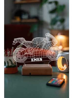 Modiwa Design Yarış Motoru 16 Renk Uzaktan Kumandalı 3D Ahşap Gece Lambası Hediyelik