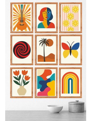 UNT Modern Retro Desenli 9’lu Mdf Tablo Seti 15X20 Uv Baskı Çerçeve Görünümlü