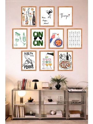 UNT 10'lu Çerçeve Görünümlü Mutfak | Modern | Retro Duvar Posteri Tablo Seti– 15X20 cm Mdf Uv Baskı