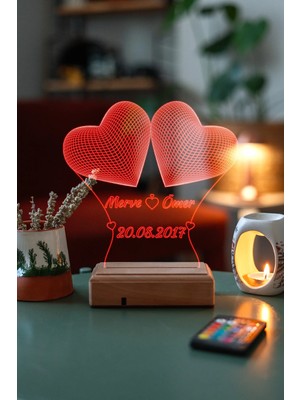 Modiwa Design Sevgiliye 2 Kalp Tarihli 16 Renk Uzaktan Kumandalı 3D Ahşap Gece Lambası Hediyelik