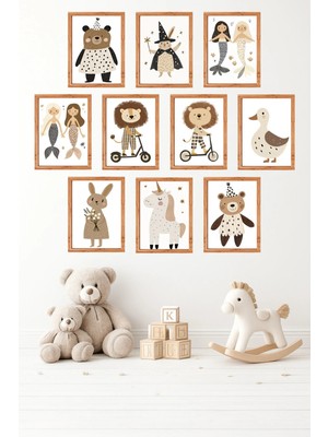 UNT 10'lu Çerçeve Görünümlü Hayvan, Aslan, Tavşan, Unicorn, Deniz Kızı Tablo Seti 15X20 cm Mdf Uv Baskı