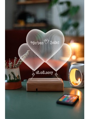 Modiwa Design Sevgiliye 3 Kalp 16 Renk Uzaktan Kumandalı 3D Ahşap Gece Lambası Hediyelik
