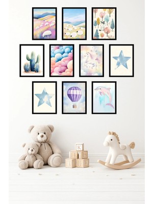 UNT 10'lu Çerçeve Görünümlü Pastel Sevimli Hayvanlar, Unicorn Temalı Tablo Seti– 15X20 cm Mdf Uv Baskı
