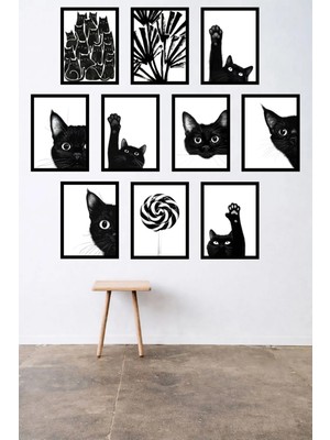 UNT 10'lu Çerçeve Görünümlü Modern Siyah Kedi Duvar Posteri Tablo Seti– 15X20 cm Mdf Uv Baskı