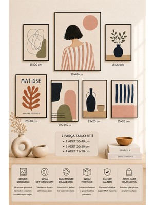 UNT 7'li Çerçeve Görünümlü Matisse Tablo Seti | Bohem Soyut Modern | Iskandinav Minimalist| Boho Salon, Ofis, Mutfak ve Çalışma Odası Duvar Dekoru