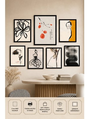 UNT 7'li Çerçeve Görünümlü Soyut Minimalist Tablo Seti | Iskandinav Duvar Dekoru