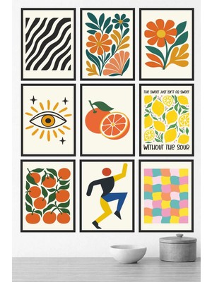 UNT Modern Retro Desenli 9’lu Mdf Tablo Seti 15X20 Uv Baskı Çerçeve Görünümlü