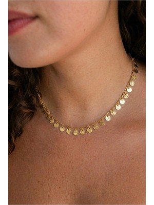 Minon - Dövme Dokulu Sıralı Pul Choker Kolye - 925 Ayar Gümüş - Şık Tasarım