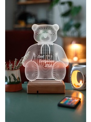 Modiwa Design Sevgiliye Sevgiller Günü Ayıcık 16 Renk Uzaktan Kumandalı 3D Ahşap Gece Lambası Hediyelik