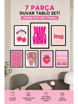 UNT 7'li Çerçeve Görünümlü Pembe Tablo Seti – Pop Art Duvar Dekoru