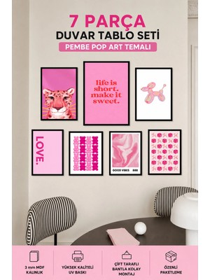 UNT 7'li Çerçeve Görünümlü Pembe Tablo Seti – Pop Art Duvar Dekoru