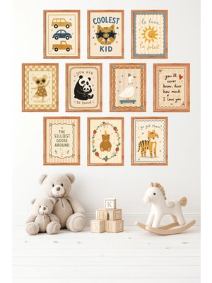 UNT 10'lu Çerçeve Görünümlü Pastel | Bebek Odası | Nursery, Tiger Tablo Seti 15X20 cm Mdf Uv Baskı