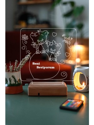 Modiwa Design Sevgililer Günü Özel Kalp ve Kedicikli 16 Renk Uzaktan Kumandalı 3D Ahşap Gece Lambası Hediyelik