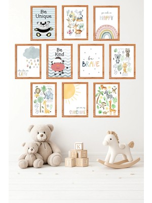 UNT 10'lu Çerçeve Görünümlü Pastel Sevimli Hayvanlar, Unicorn Temalı Tablo Seti– 15X20 cm Mdf Uv Baskı
