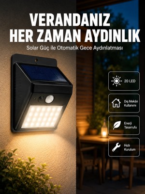 Epilons Bahçe ve Dış Mekanlar Için Güneş Enerjili 20 LED Hareket Sensörlü Lamba Yeni Nesil