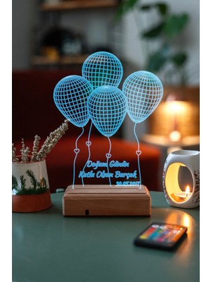 Modiwa Design Doğum Günü 4 Balon 16 Renk Uzaktan Kumandalı 3D Ahşap Gece Lambası Hediyelik