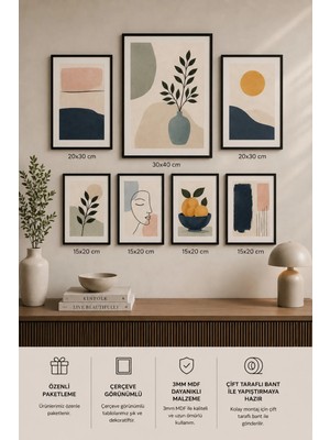 UNT 7'li Çerçeve Görünümlü Tablo Seti | Bohem Soyut Modern | Iskandinav Minimalist| Boho Salon, Ofis, Mutfak ve Çalışma Odası Duvar Dekoru