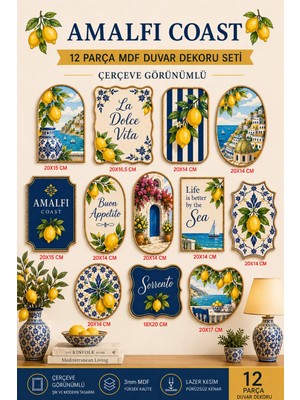 UNT Amalfi Coast 12 Parça Çerçeve Görünümlü Mdf Duvar Dekoru Seti – Akdeniz Limon Temalı, 3 mm Mdf